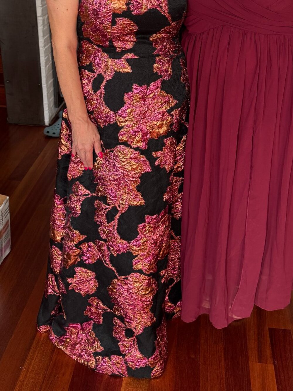 Dress the Population Black Maxi Dress with Pink and Gold Floral Brocade XL - Picture 5 of 5